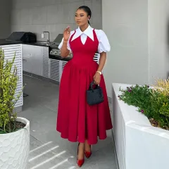 Elegant Elegant Puff Sleeve Women's Shirt Collar High Waist Dress - Red Fake Two Pieces - View 1