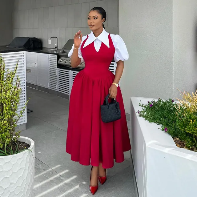 Elegant Elegant Puff Sleeve Women's Shirt Collar High Waist Dress Red Fake Two Pieces - Shop at LoveMi