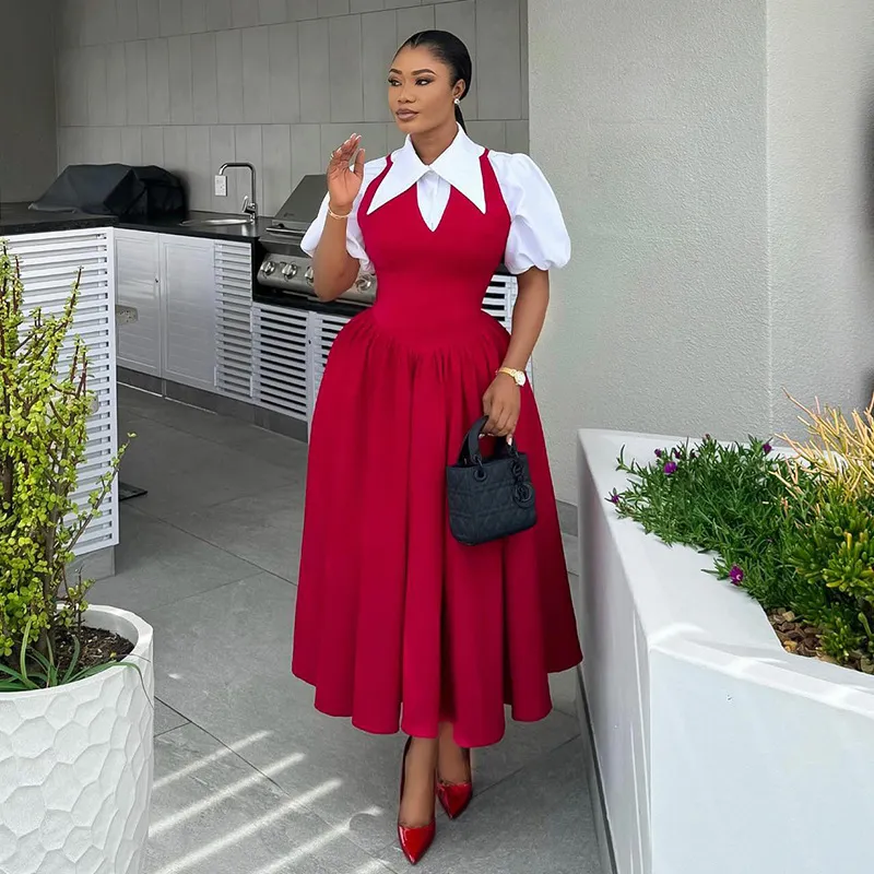 Elegant Elegant Puff Sleeve Women's Shirt Collar High Waist Dress - Red Fake Two Pieces