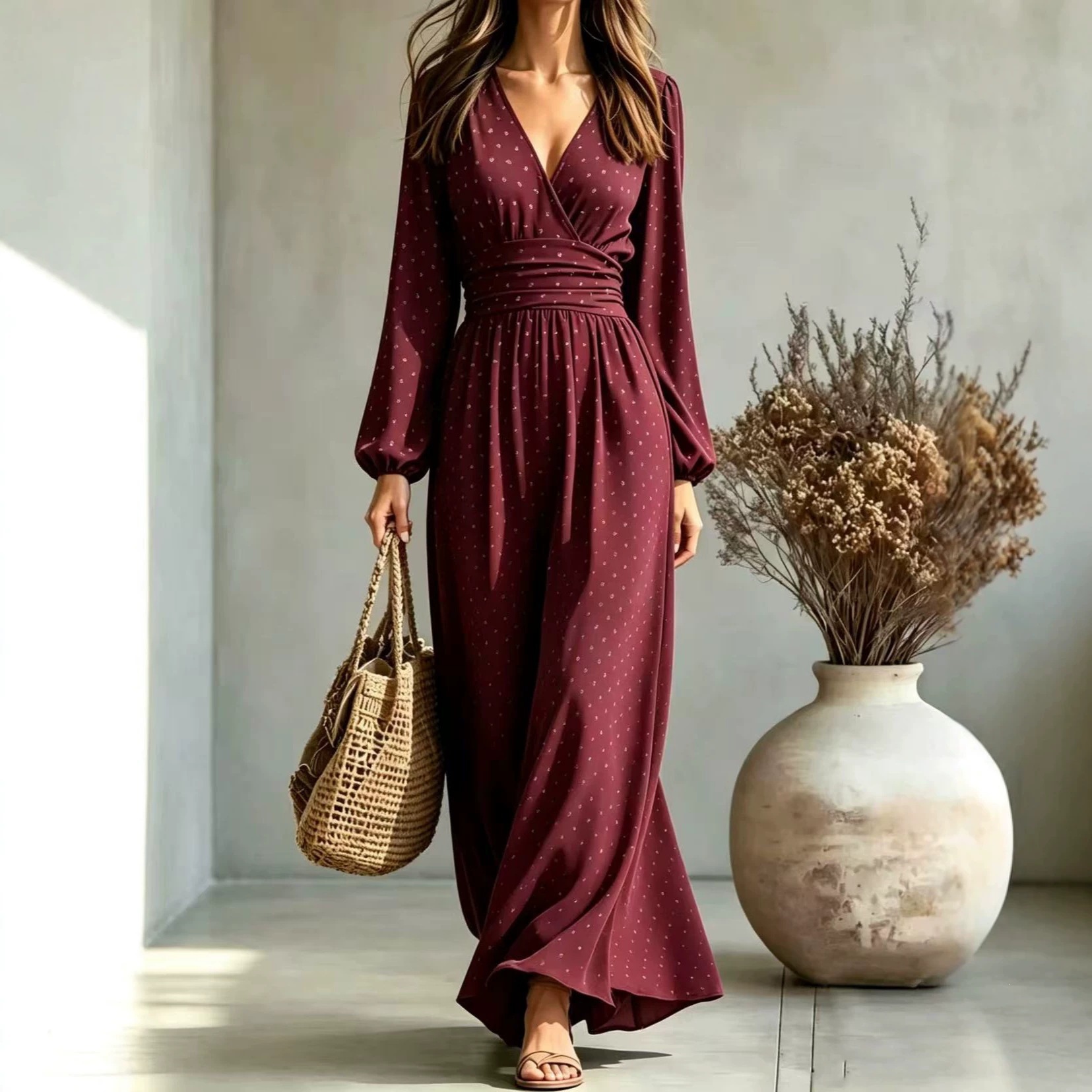 New V-neck Lantern-sleeve Printed Long-sleeved Waist-defined Elegant Slimming Dress product image