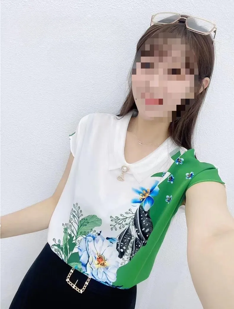 Versatile Organza White Collar Breathable Thin And Comfortable T-shirt - Green Feather