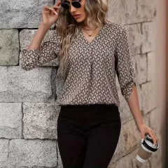 Women's Digital Printed Nine-quarter Sleeve Shirt - Khaki - View 1