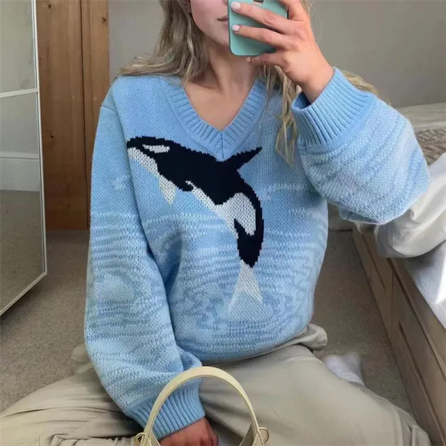 Women's Dolphin Printing Long Sleeve Loose Sweater Blue - Shop at LoveMi