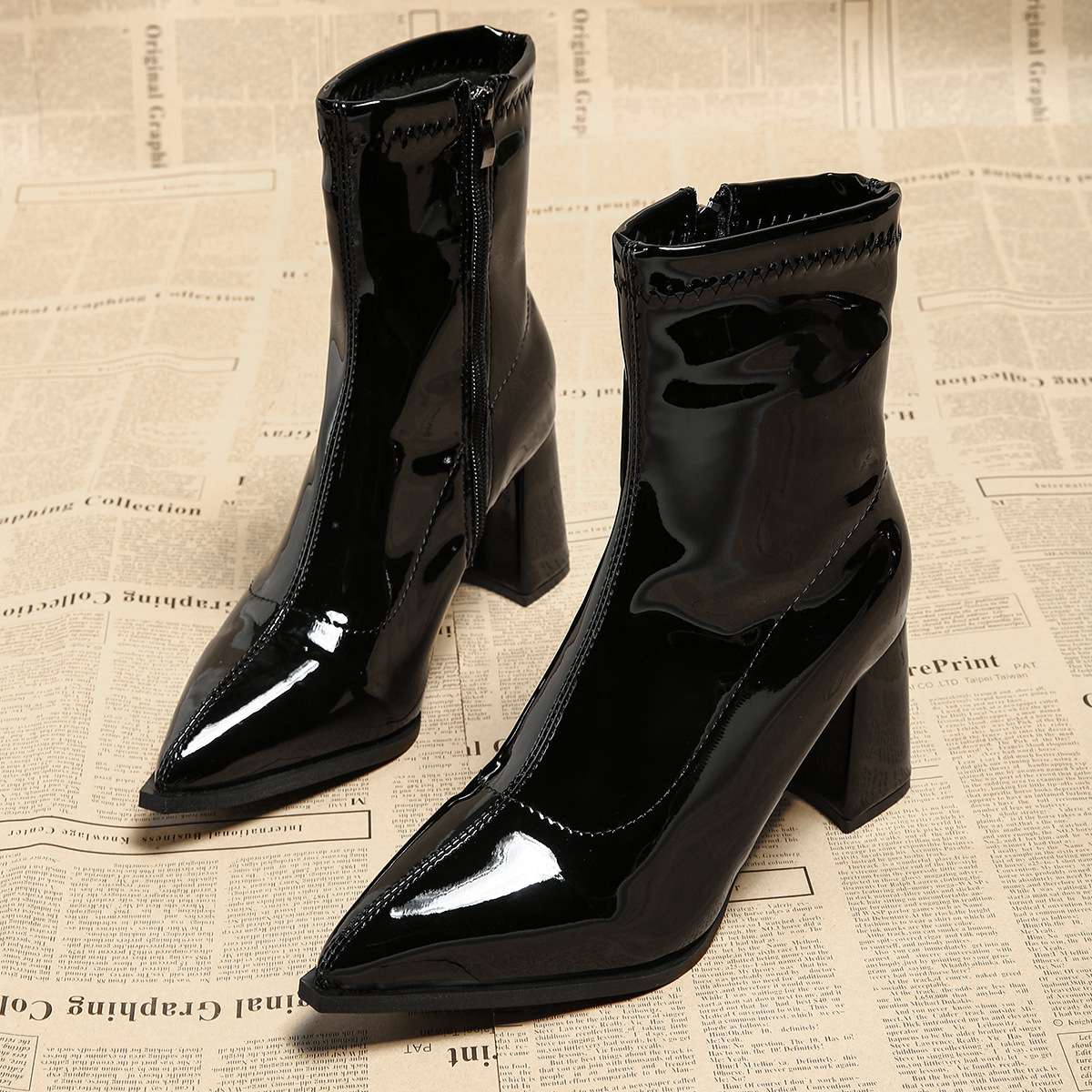 Women's Pointed-toe Chunky-heel Ankle Boots