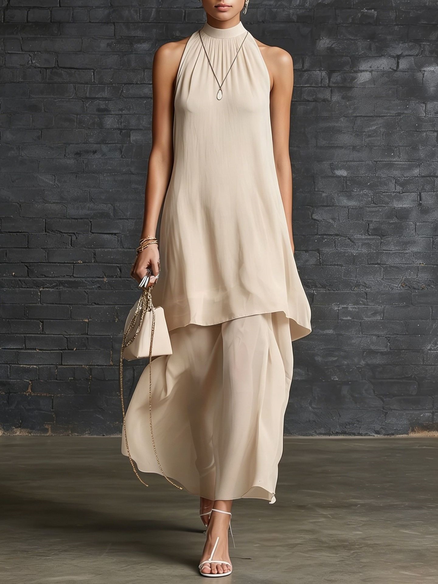 Elegant Sleeveless Mock-neck Dress For Women Apricot S