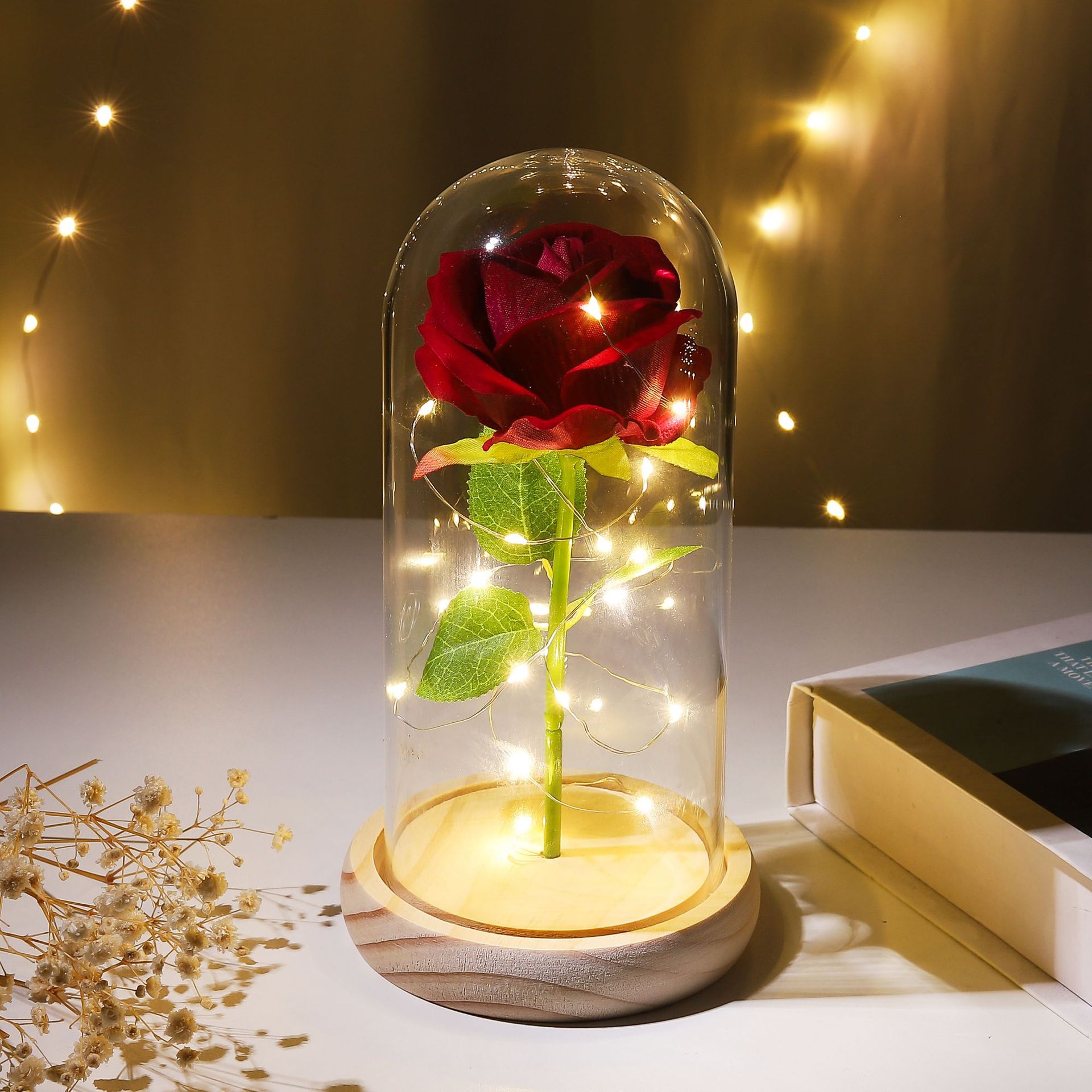 Preserved Flower Glass Dome Artificial Rose Night Light For Christmas