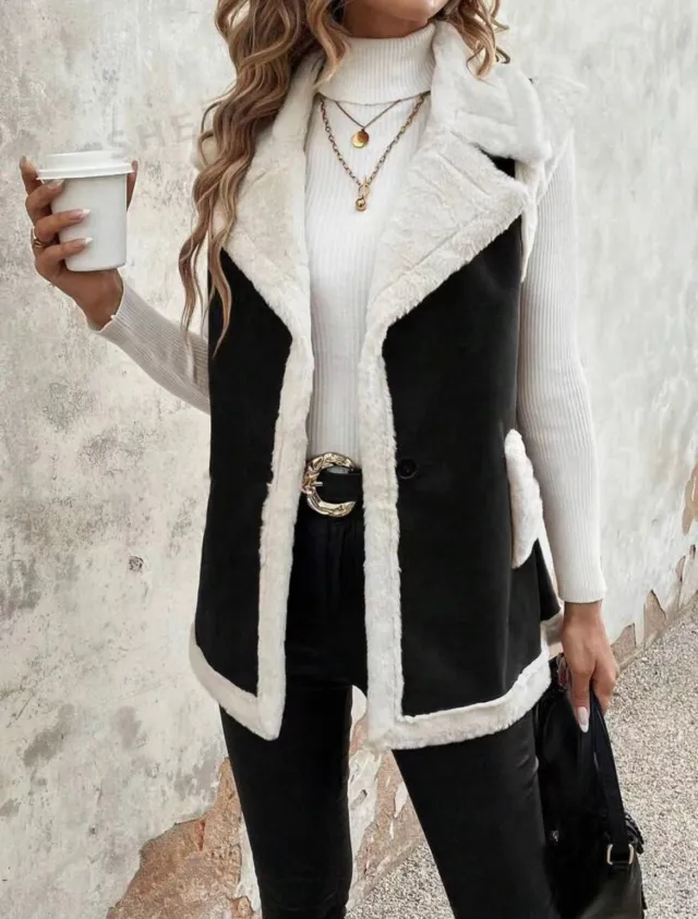 Fashionable Lamb Wool Stitching Women's Vest Black - Shop at LoveMi