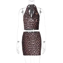 Leopard Print Printed Sexy Hanging Collar Vest Sheath Skirt Suit - Leopard - View 1
