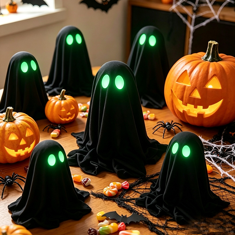 Nou ornament de birou luminos de Halloween, cu glugă, în formă de fantomă neagră