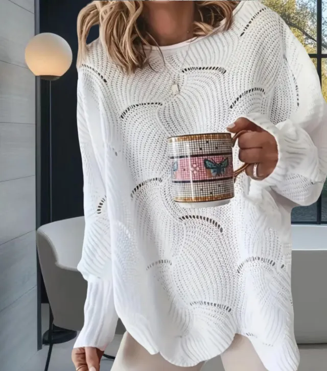 European And American Leisure Fashion Plus Size Hollow out Hook Flower Loose Solid Color Sweater White - Shop at LoveMi