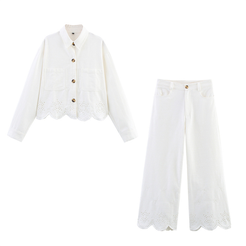 European And American Style Hollow Embroidered Jacket Wide Leg Trousers