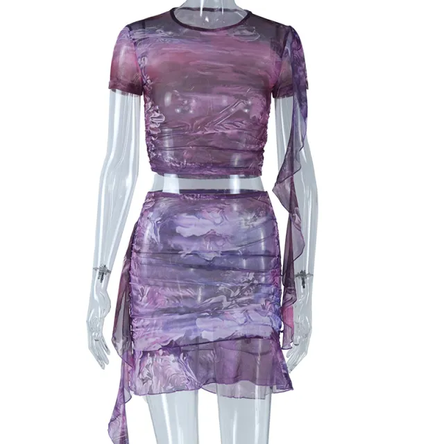 Mesh Floral Print Tight Skirt Ruffled Short Top Midi Skirt Violet - Shop at LoveMi