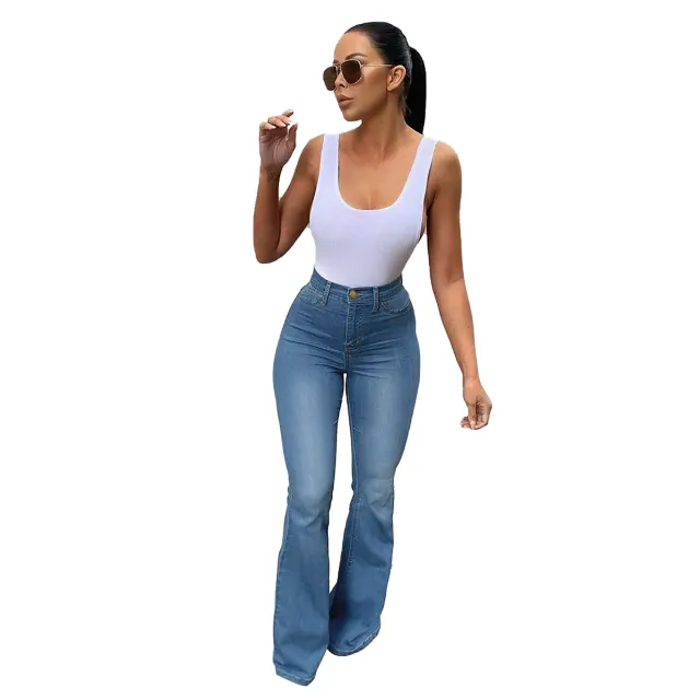 Women's Stretch High Waist Denim Pants Micro pull Horseshoe Pants Blue - Shop at LoveMi