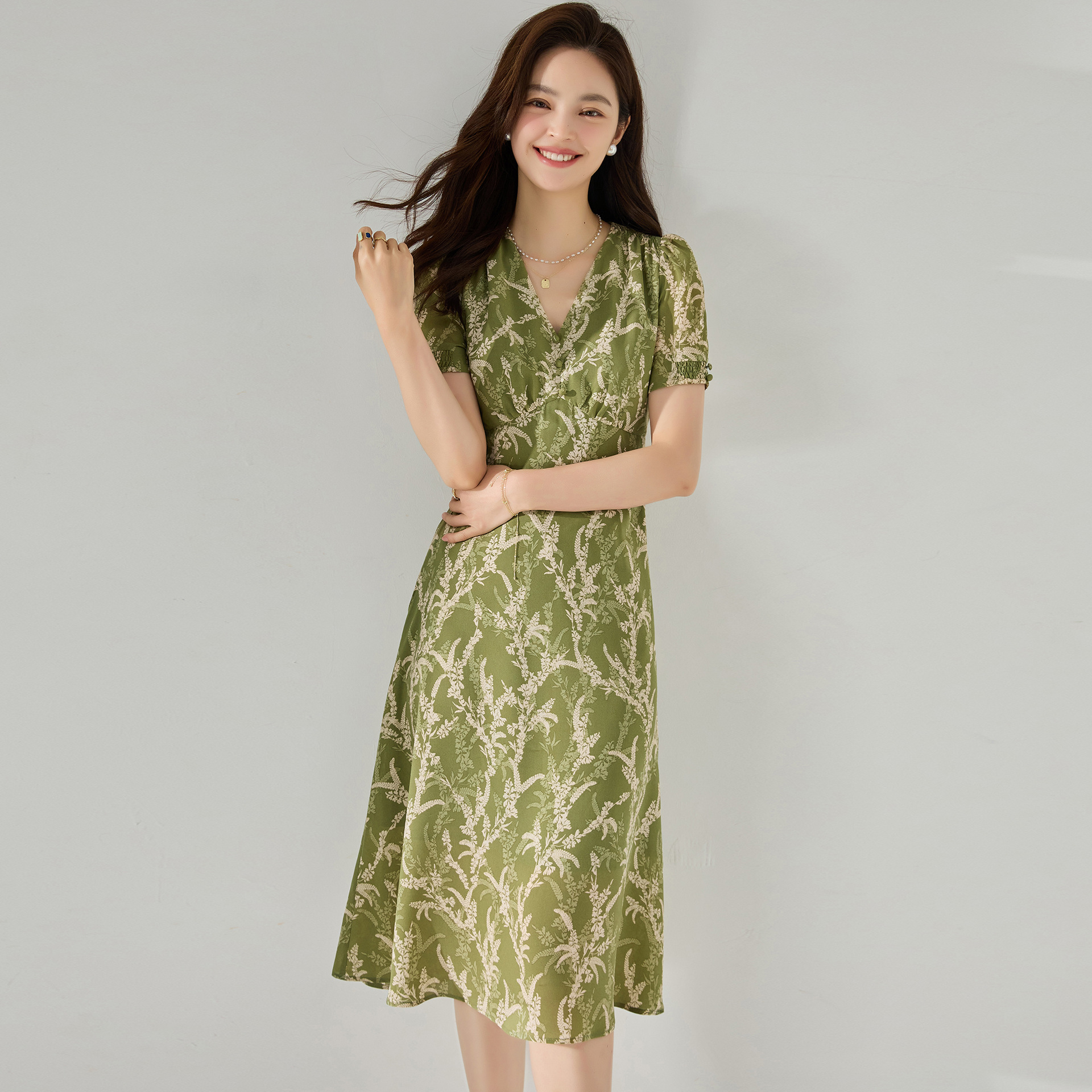 Avocado Green Chiffon Printed Tea V neck Dress Green - Shop at LoveMi