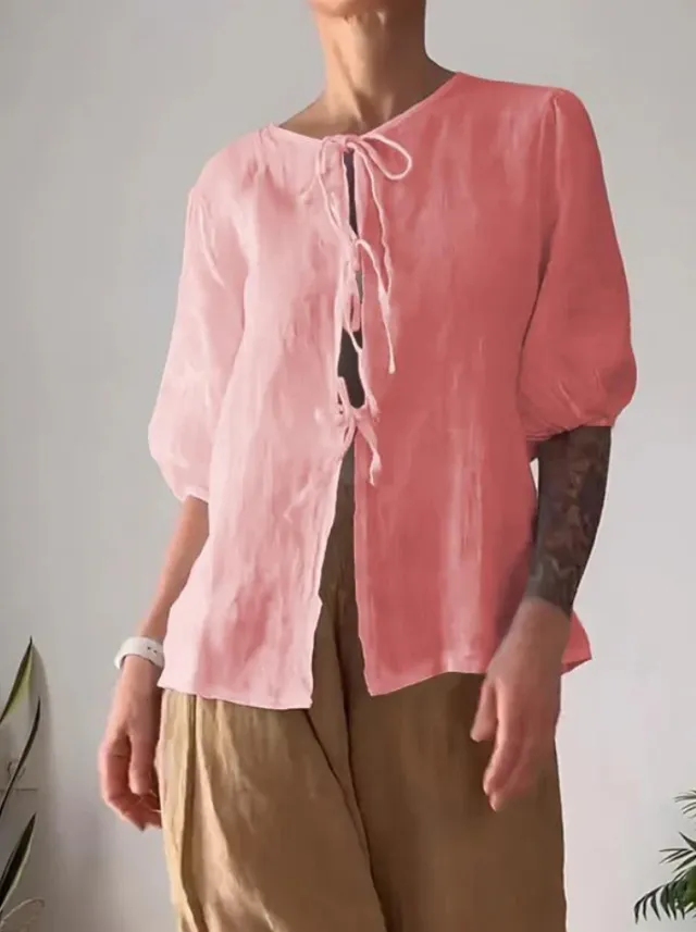 Fashion Casual Solid Color Round Neck Tied Shirt Wide Leg Pants Two piece Set Pink - Shop at LoveMi