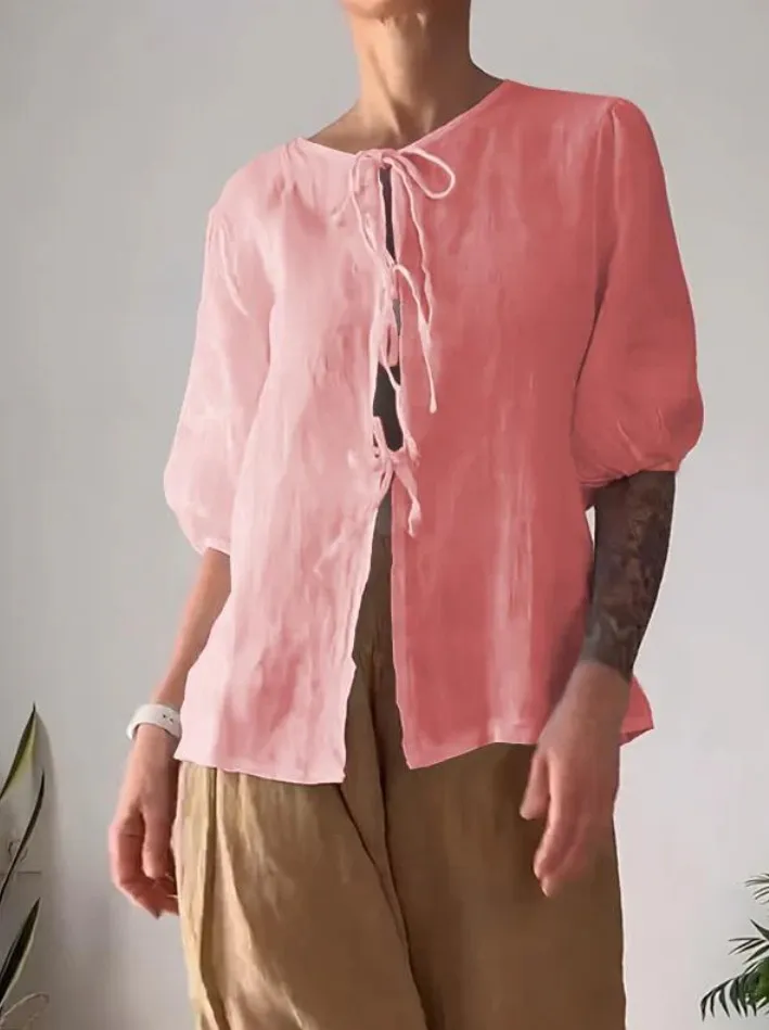Fashion Casual Solid Color Round Neck Tied Shirt Wide Leg Pants Two-piece Set - Pink