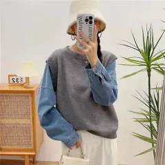 Denim Sleeve Stitching Fake Two Pieces Sweaters Women - Grey - View 1