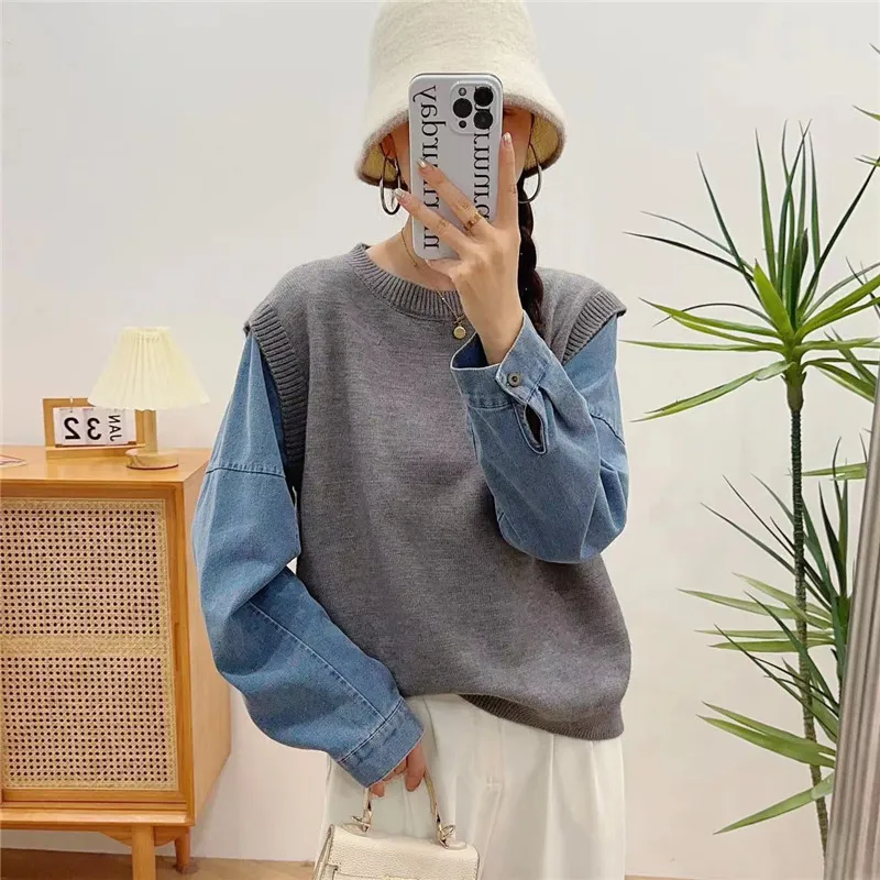 Denim Sleeve Stitching Fake Two Pieces Sweaters Women - Gray