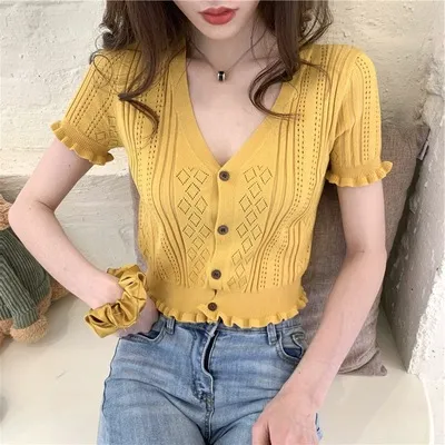 Retro V neck Short Tup Cardigan Hollow Out Thin T shirt Yellow - Shop at LoveMi