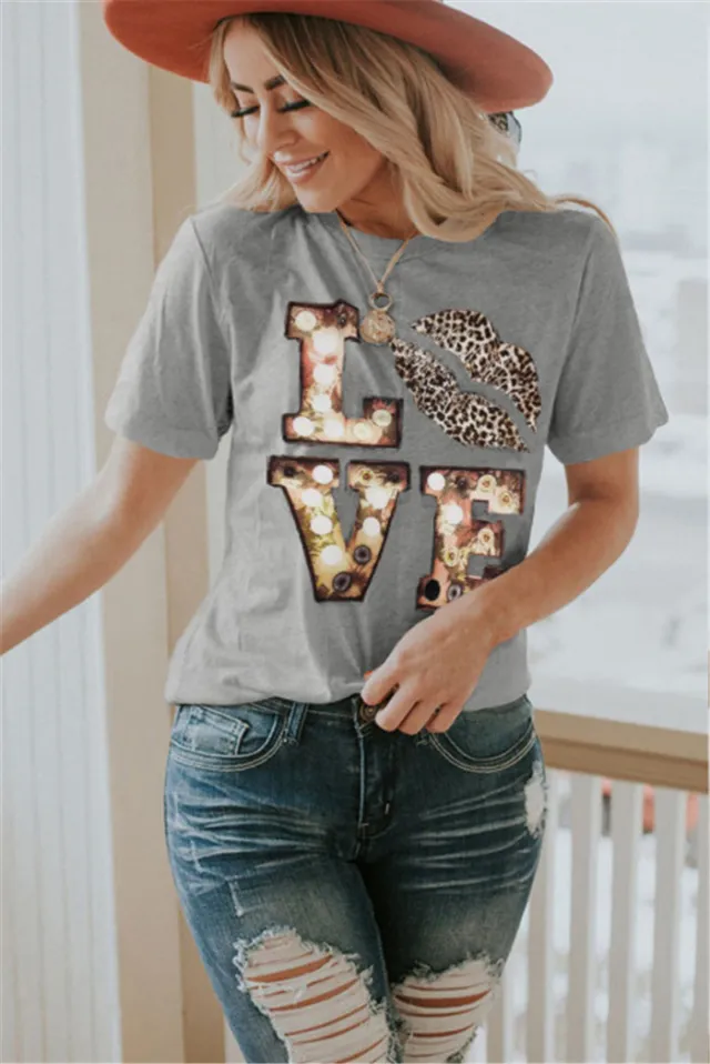 Women's Short Sleeve Leopard Print Lips Round Neck Print T shirt Leopard - Shop at LoveMi