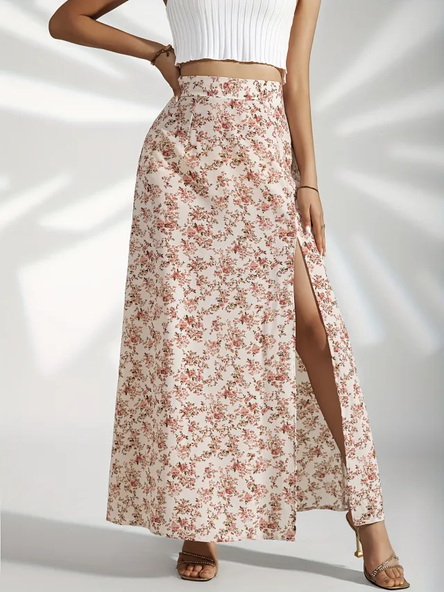 Gentle High Waist Slit Floral Skirt For Women Yy122 Skirt - Shop at LoveMi