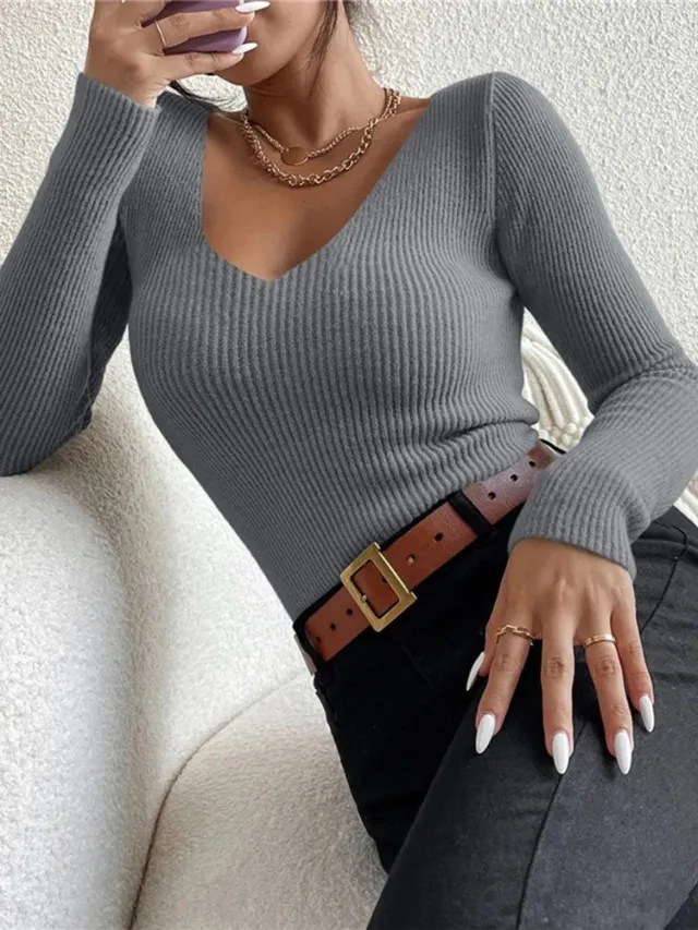 Women's Solid Ribbed Knit V neck Stripe Pullover Sweater Gray - Shop at LoveMi