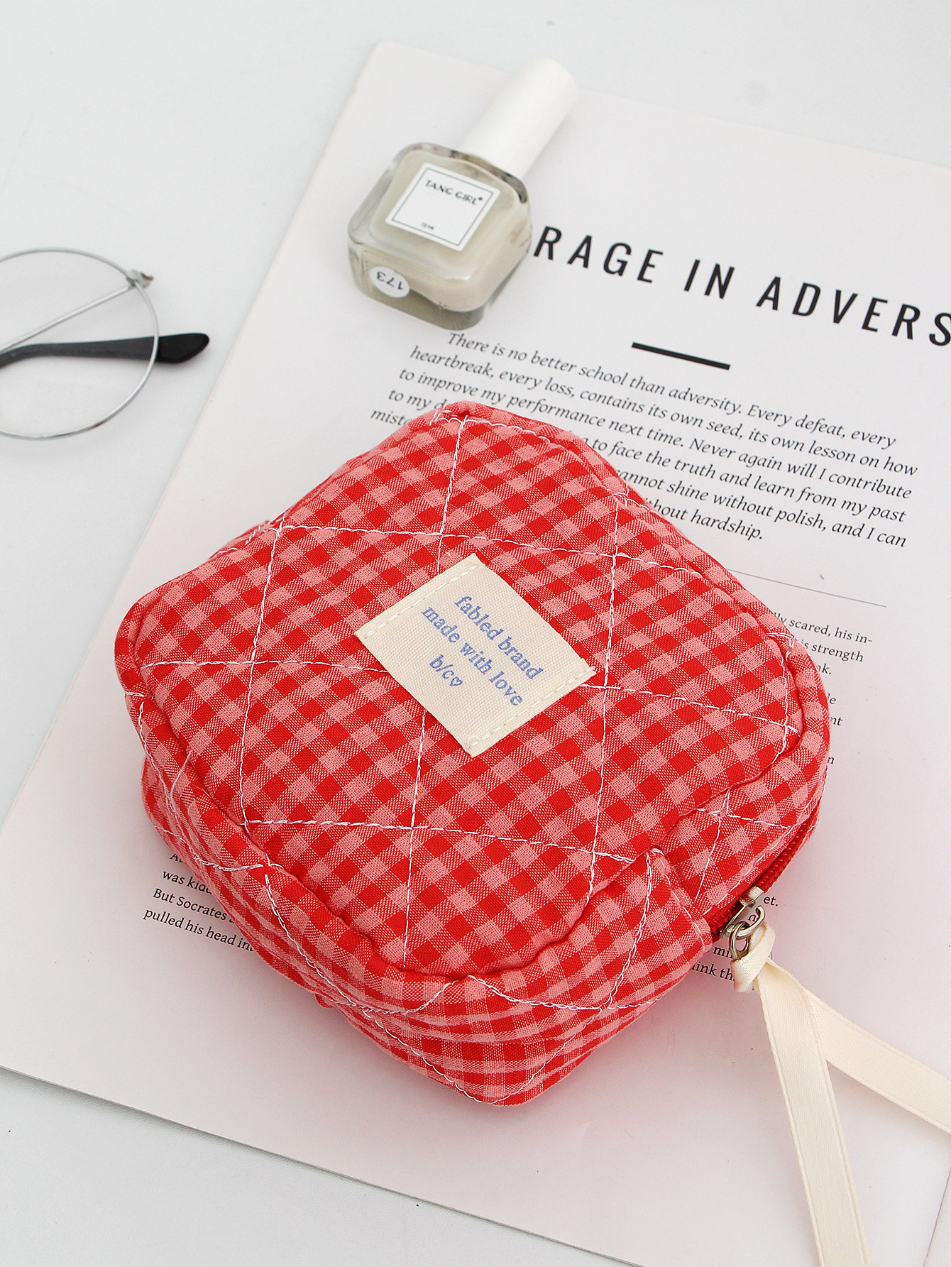 Red Plaid Makeup Bag Portable For Travel