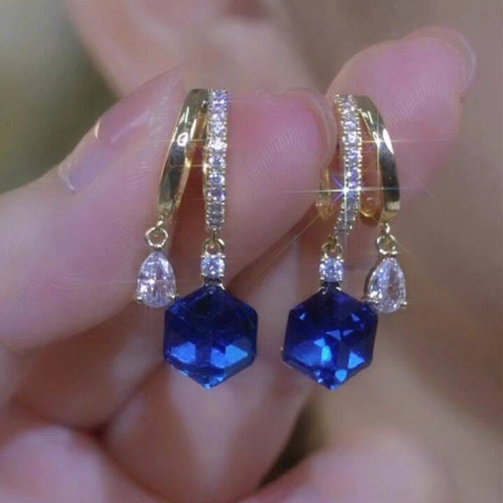 Elegant Blue Cube Sugar Crystal Tassel Earrings