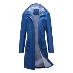 Long Casual Windbreaker Women's Waterproof Hooded Solid Colour Top Striped Lining Straight Coat - Navy - View 1