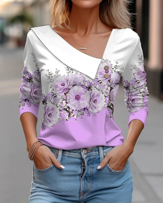 V neck Long Sleeve T shirt Floral Print Casual Women's Tops Purple - Shop at LoveMi