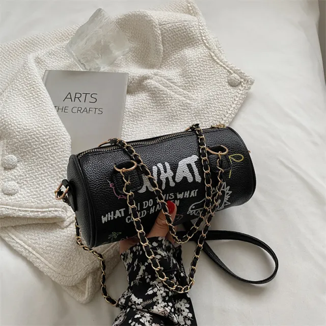 Small Handbags Women's Bag Cylinder Graffiti Shoulder Black - Shop at LoveMi
