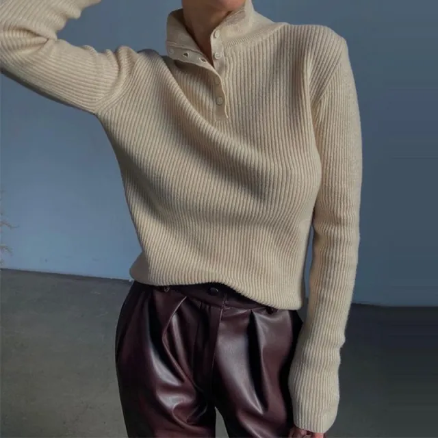 Retro Breasted Half Turtleneck Pullover Base Sweater Rice Apricot - Shop at LoveMi