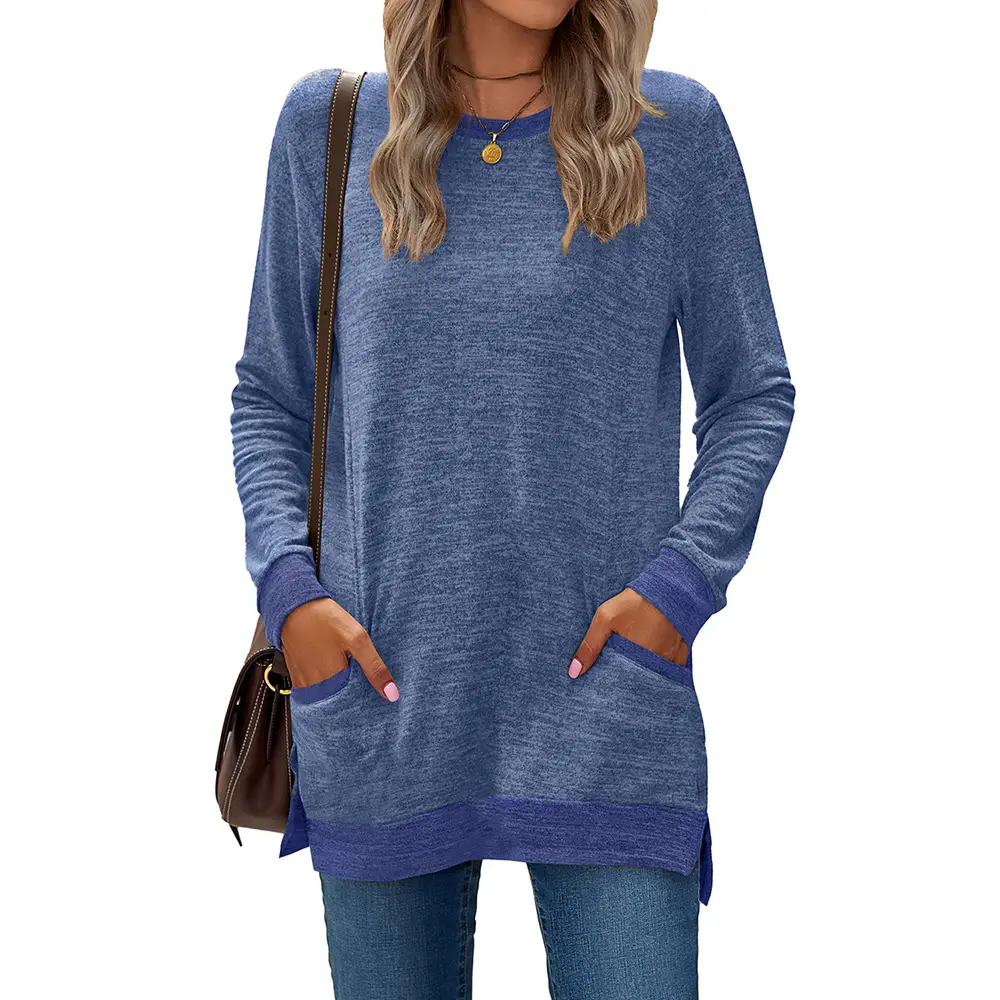 Round Neck Multicolor Pocket Long Sleeve Pullover Top Loose-fitting Casual T-shirt