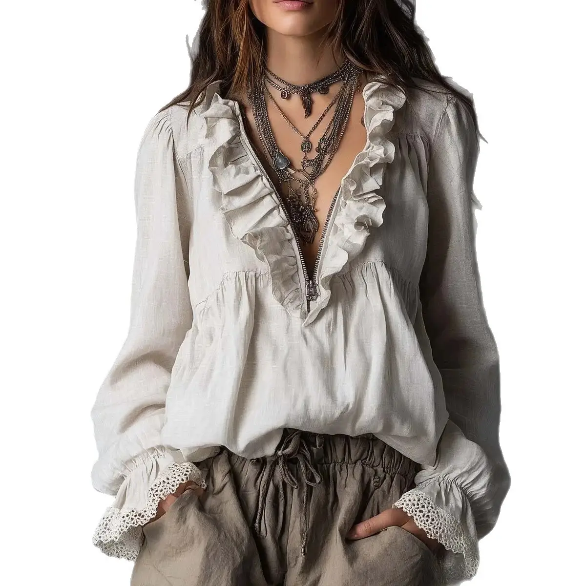 Half-zip V-neck Lace Flared-sleeve Loose-fitting Bohemian Long Sleeve