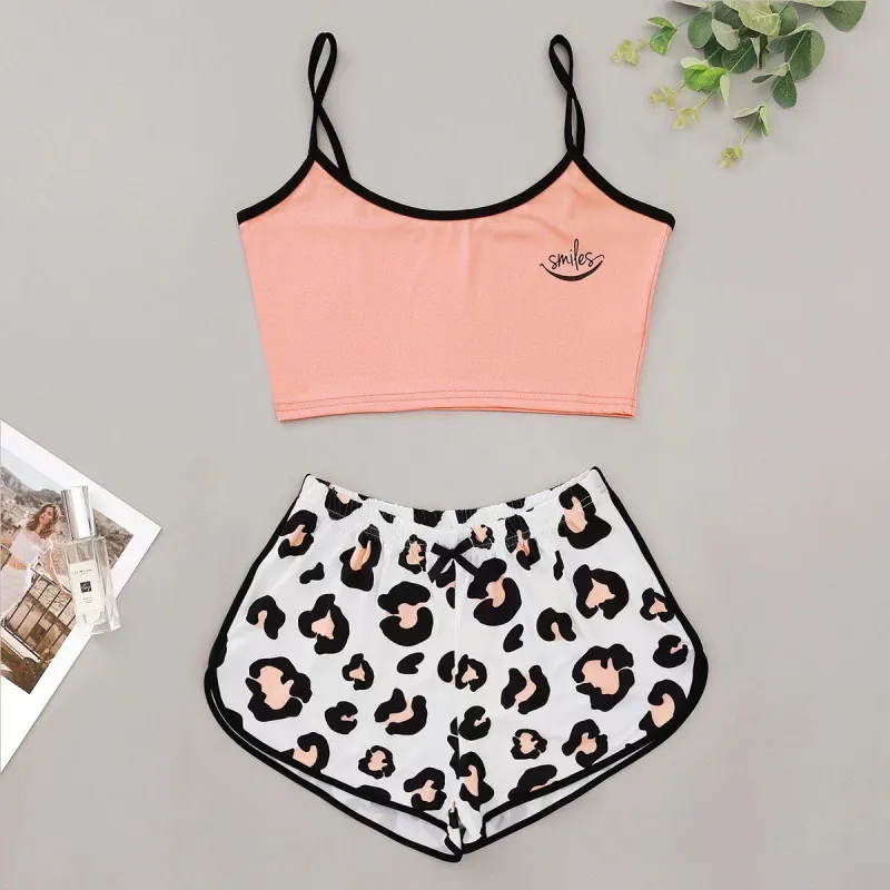 Thin Sleeveless Vest Camisole Top Shorts - Pink Smile