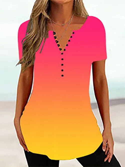 Women's V neck Short sleeved Summer 3D Printed Button T shirt Dx16 2Xl - Shop at LoveMi