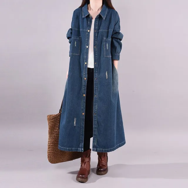 Loose Denim Trench Coat Retro Distressed Mid length Blue - Shop at LoveMi
