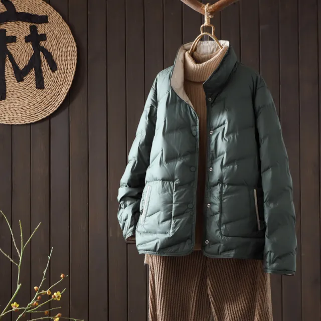 Double sided Wear Down Jacket Women's Short Light & Fashionable Solid Color Loose White Duck Down Warm Coat Dark Green - Shop at LoveMi
