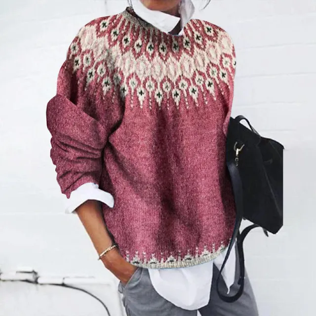Pattern Women's Printed Wear Crew Neck Casual Sweater Red - Shop at LoveMi