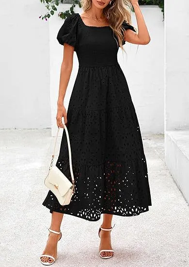 Square Collar Puff Sleeve Pleating Mesh Short Sleeve Dress Black - Shop at LoveMi