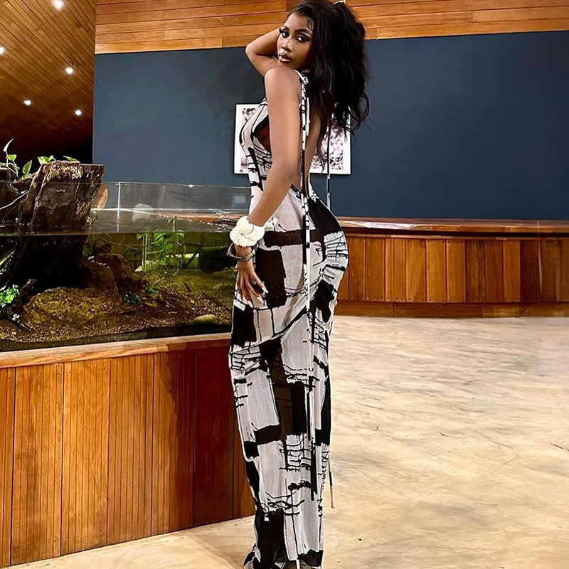 Printed Pullover Sleeveless Beauty Back Pleated Tight Braces Dress