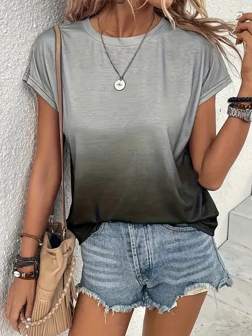 Fashion Casual All matching Comfortable Printed Slip Shoulder T shirt Gray Green - Shop at LoveMi