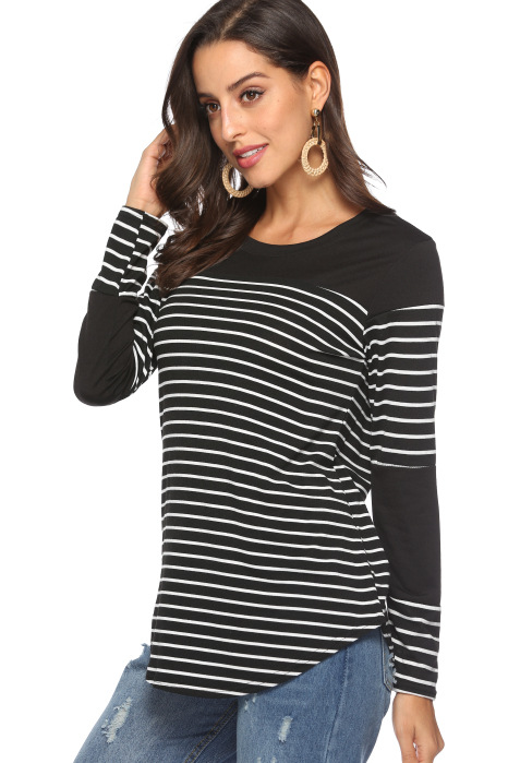 Title 16, Casual striped stitching long-sleeved loose T-s...