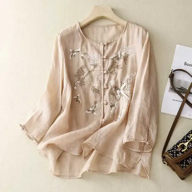 Women's Casual Embroidered Shirt Made Of Cotton And Linen Pink - Shop at LoveMi