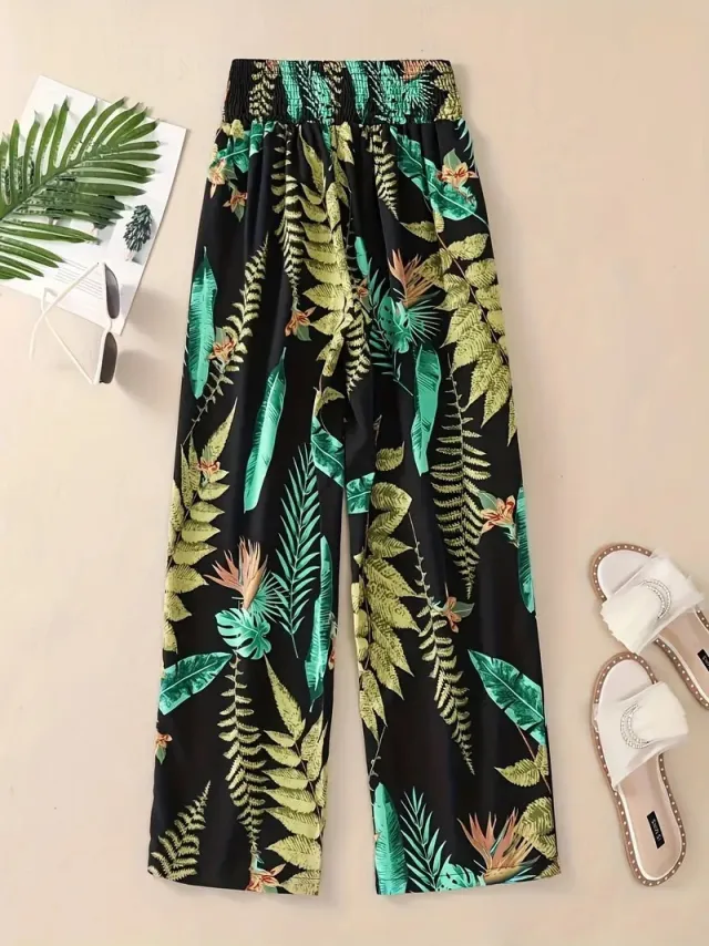 Casual Flower Pants Spring And Summer Thin High Waist Slimming Ice Silk Elastic Floral Straight Green - Shop at LoveMi
