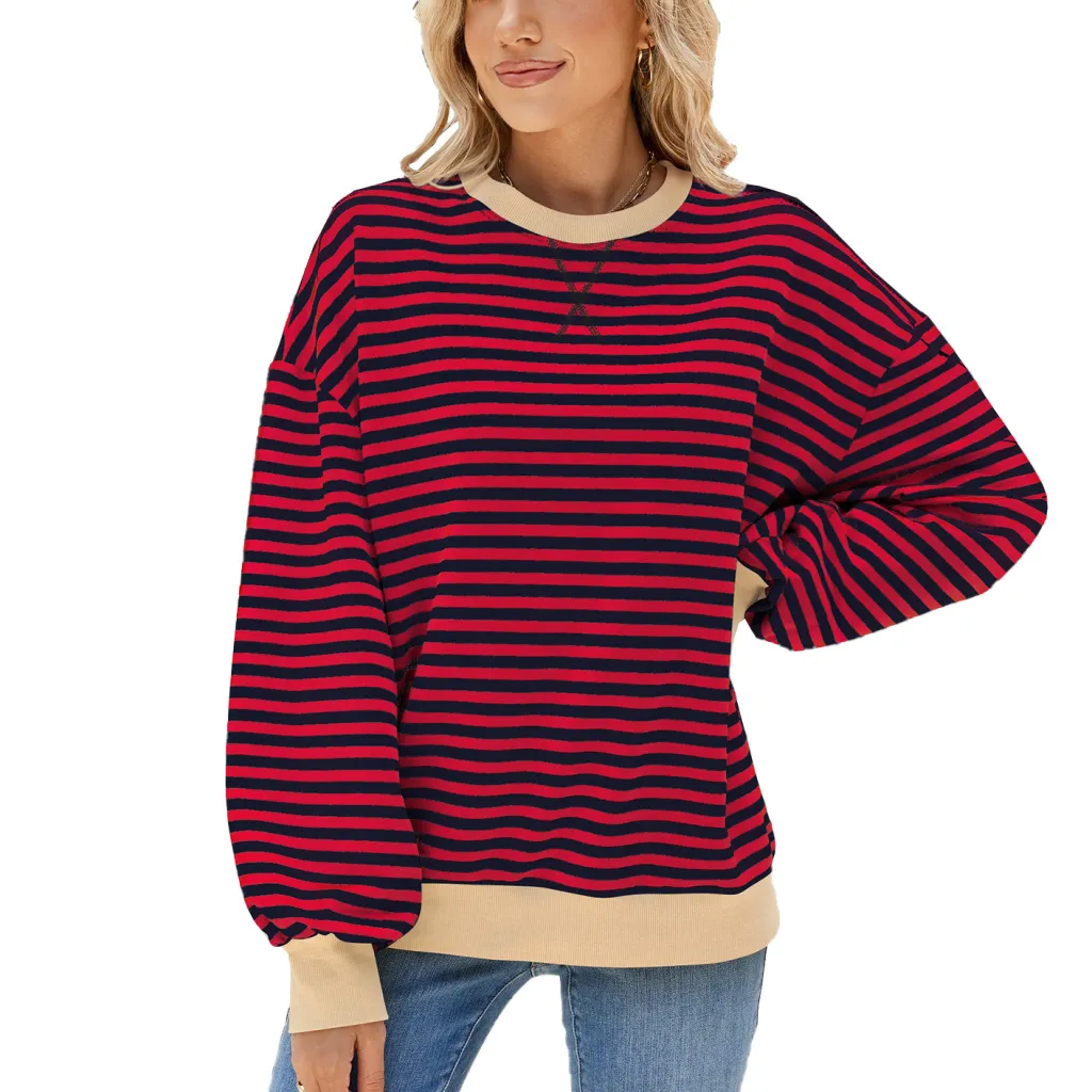 Women's Stripes Round Neck Contrast Color Loose Long Sleeve Sweatershirt - Blue