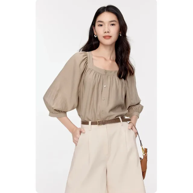 Loose All match Square Collar Retro Pleating Shirt For Women Khaki - Shop at LoveMi