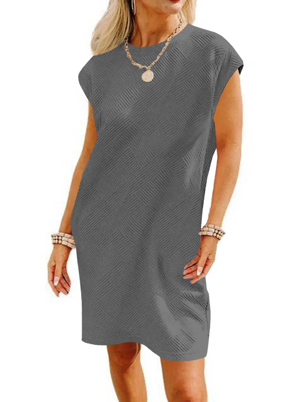 Pocket Texture Fabric Casual Dress Women - Grey