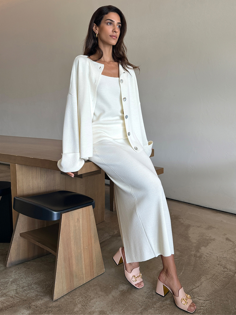 Three-piece knit cardigan, camisole and skirt set, product reference image 1