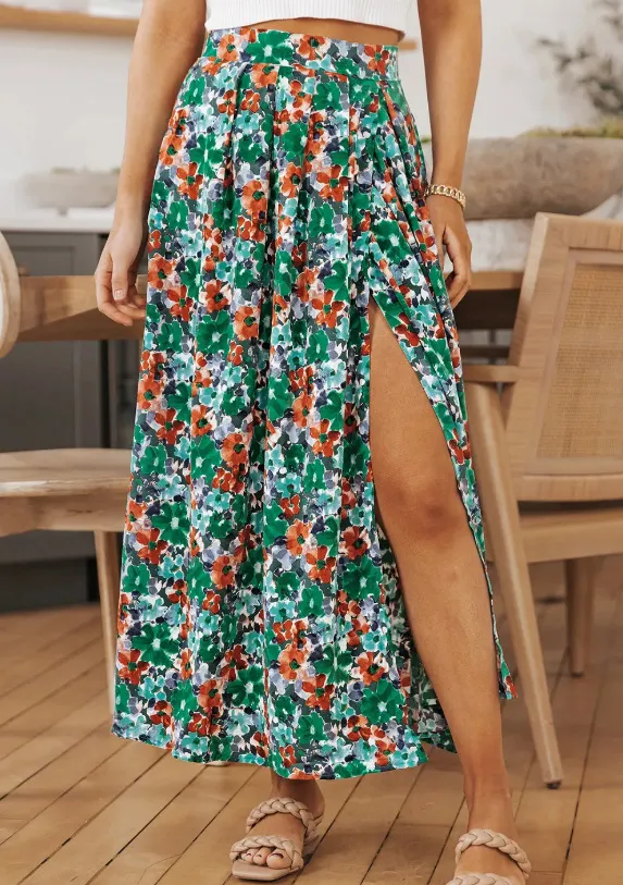 Printed Split Plant Print Skirt Green - Shop at LoveMi